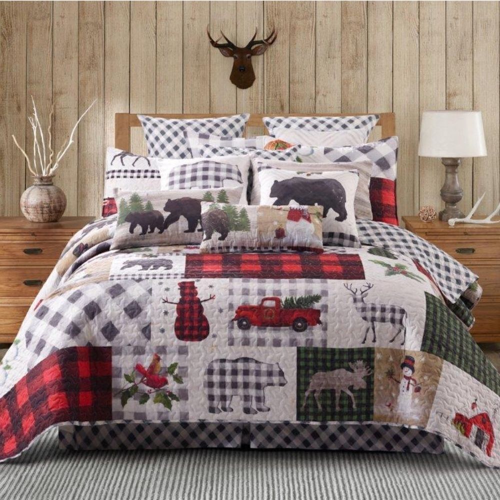 Merry Christmas Winter Lodge Printed QUEEN Quilt Set Holidays Red Truck